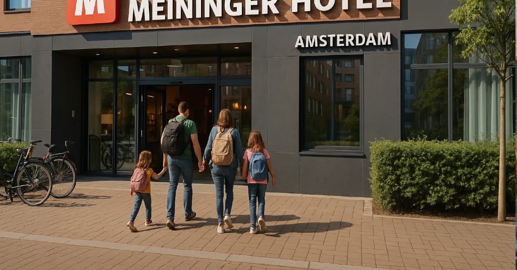 Daytime exterior of Meininger Hotel Amsterdam with family entering lobby and bikes visible nearby