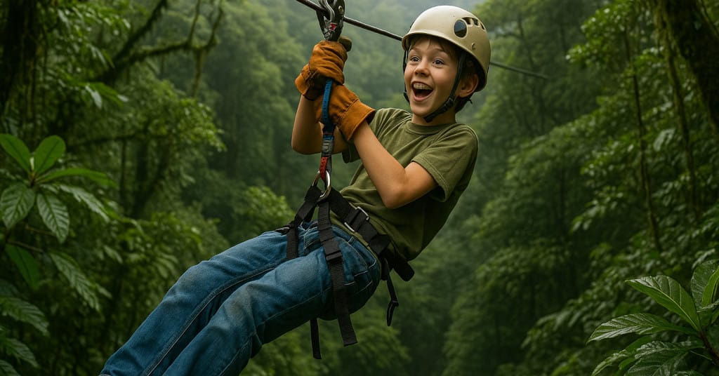 Exciting action shot of child ziplining in cloud forest canopy