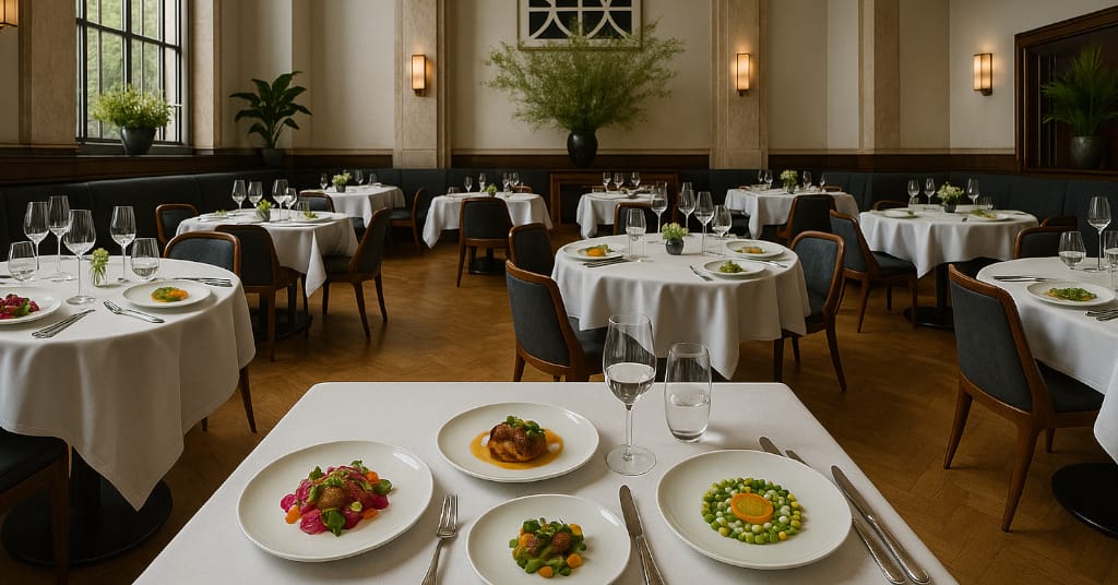 Luxurious dining setup at Eleven Madison Park with artistic plating in NYC
