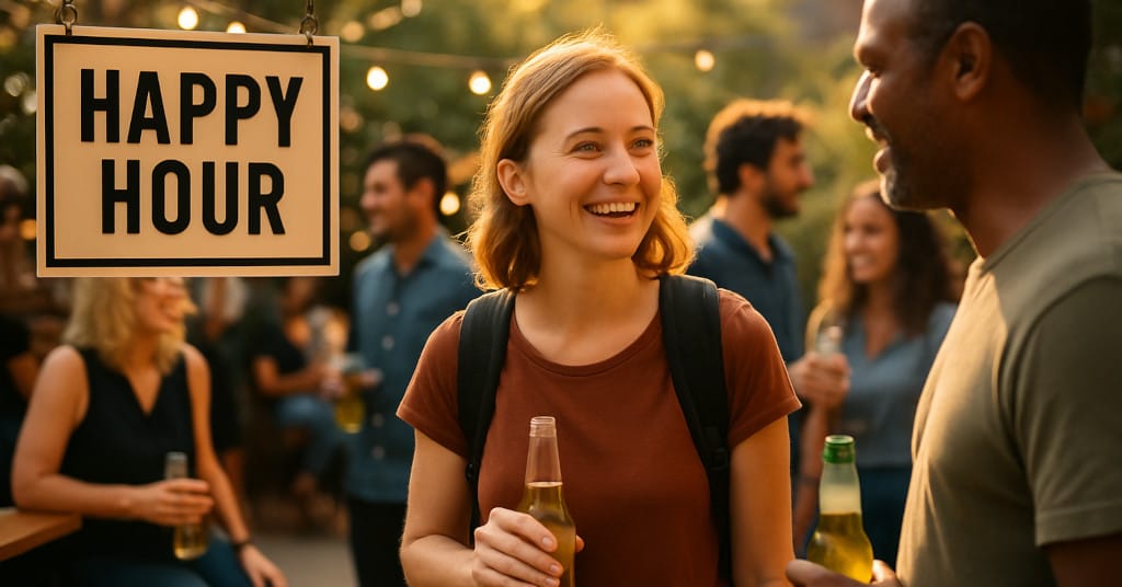 Remote worker networking at outdoor Happy Hour event