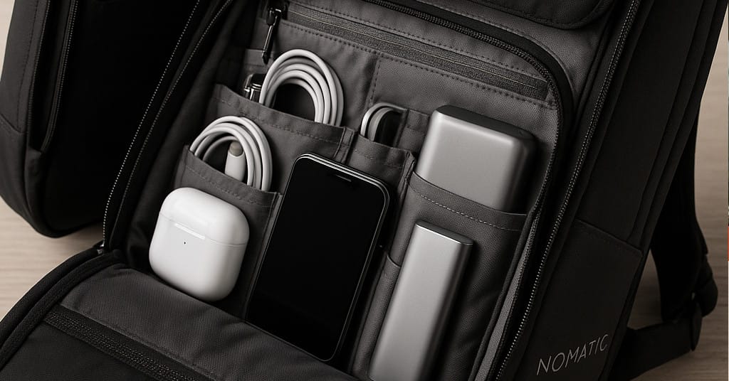 Studio close-up of open Nomatic Navigator Backpack showing tech compartments and RFID pocket