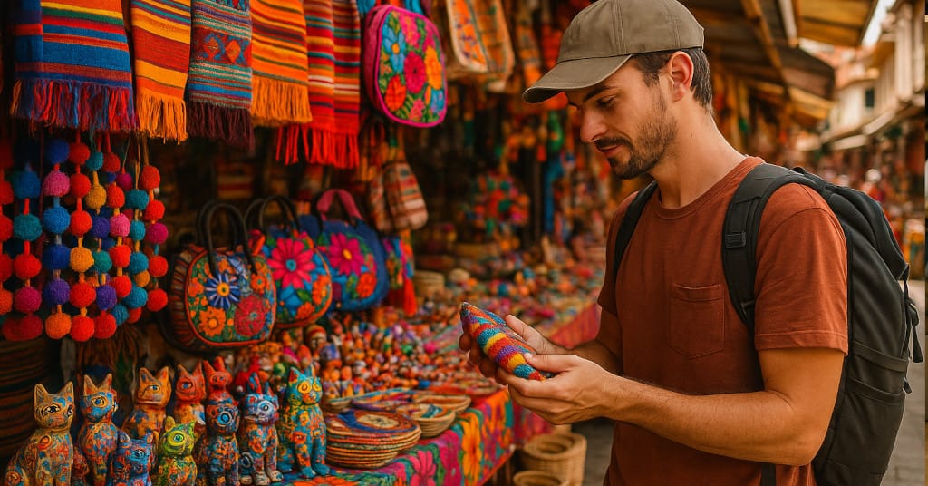 Artisan market in Oaxaca with nomad browsing colorful crafts