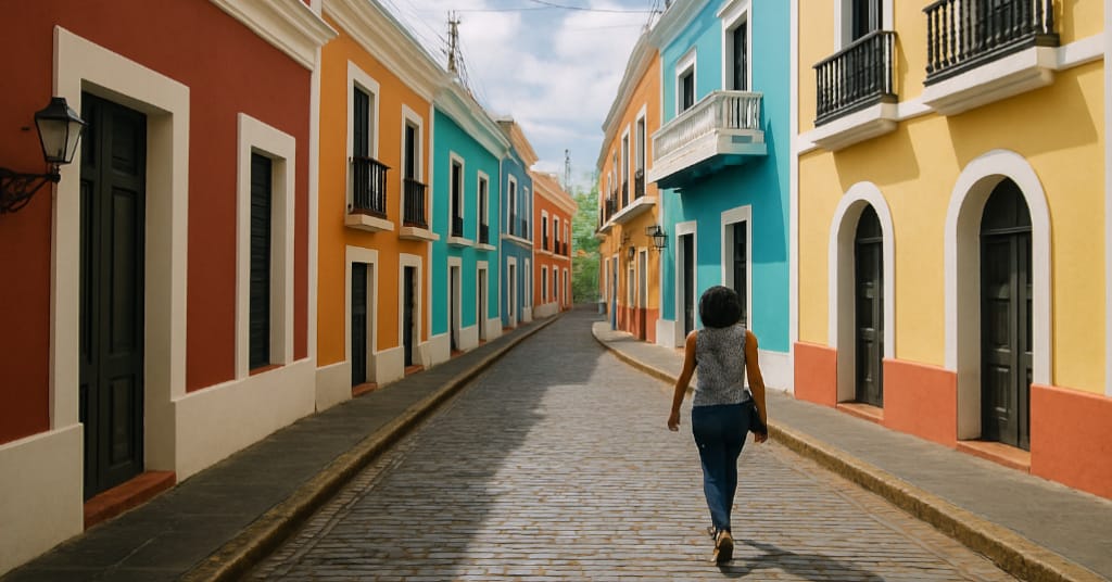 Candid street photo of colorful buildings and cobblestone alleys in Old San Juan
