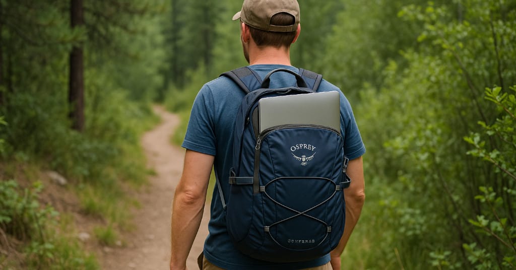Hiker with Osprey Daylite Plus on a trail, laptop sleeve visible inside