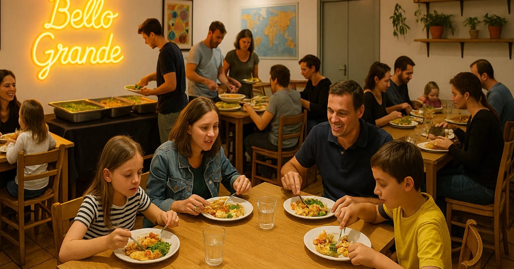 Indoor dining area image of families enjoying free dinner buffet at Ostello Bello Grande