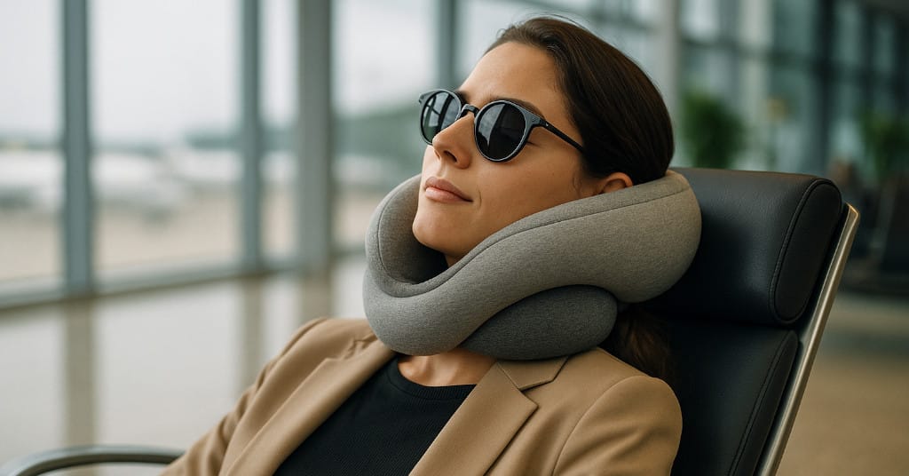 Stylish solo traveler reclining with Ostrichpillow Go in airport lounge chair