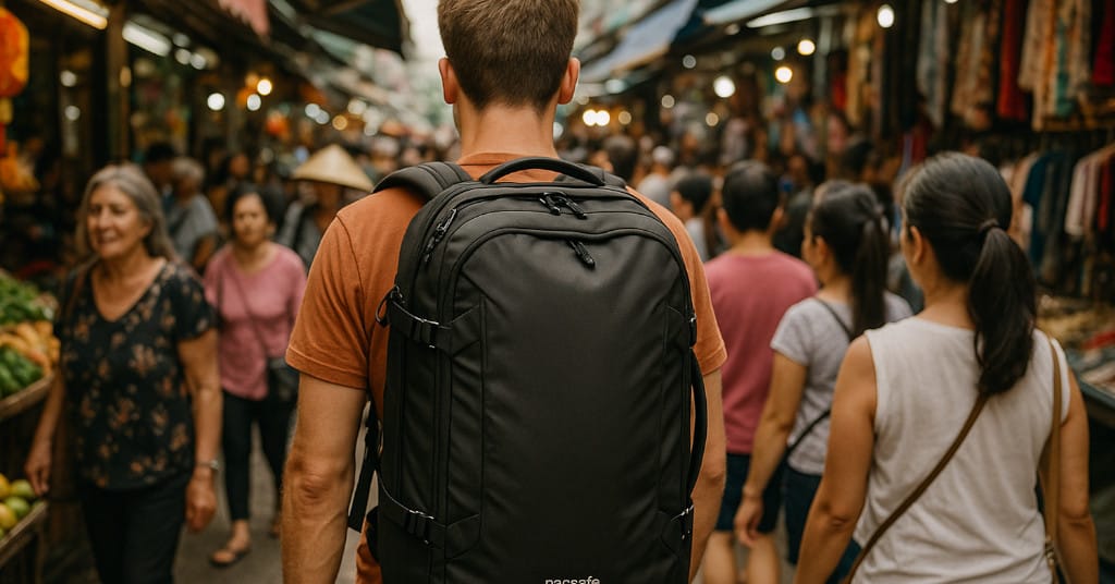 Backpacker walking through crowded market with Pacsafe Venturesafe EXP45