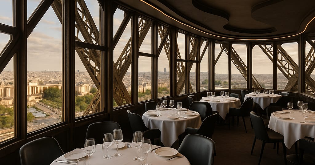 Elegant interior of Le Jules Verne restaurant with view over Paris from Eiffel Tower