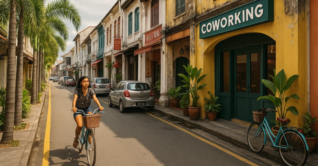 Tropical urban street in George Town, Penang with visible co-working space