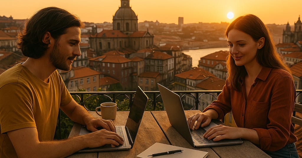 Golden hour shot of digital nomad couple working on a rooftop terrace in Porto