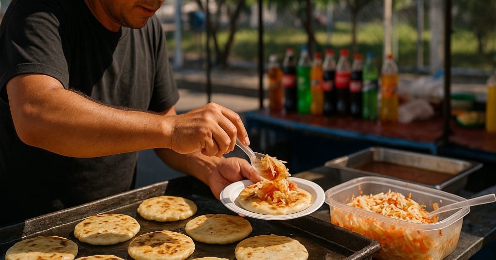 Casual vendor-side image of pupusas being grilled and topped with curtido in San Salvador