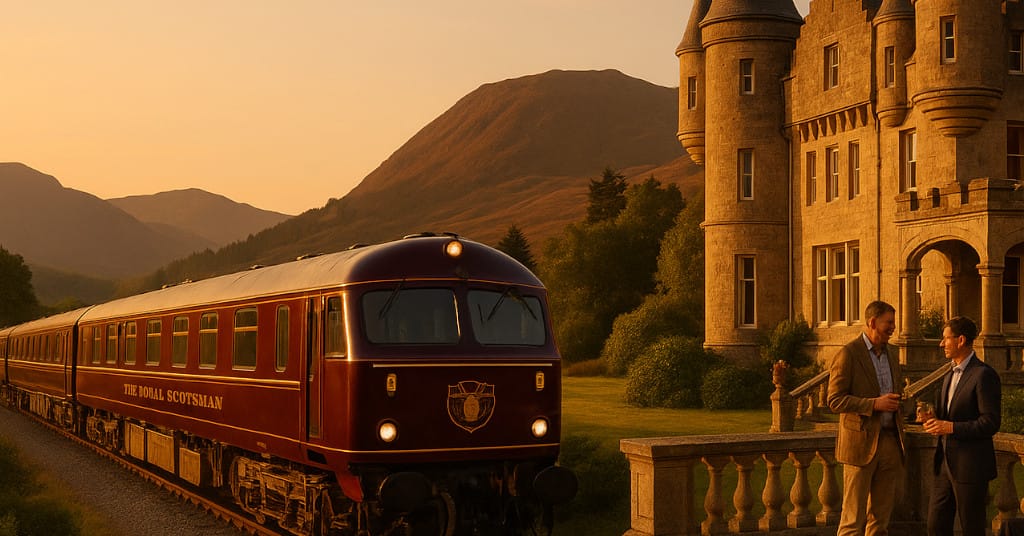 Warm-toned evening shot of Royal Scotsman parked near a Highland castle with guests enjoying whisky on the veranda