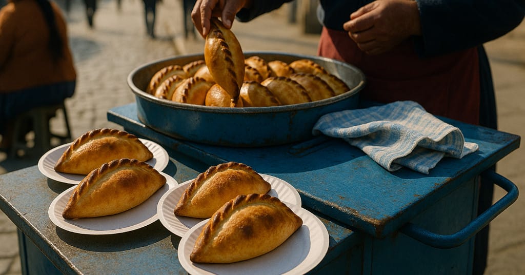Natural morning light image of salteñas being served on paper plates near a vendor cart in La Paz