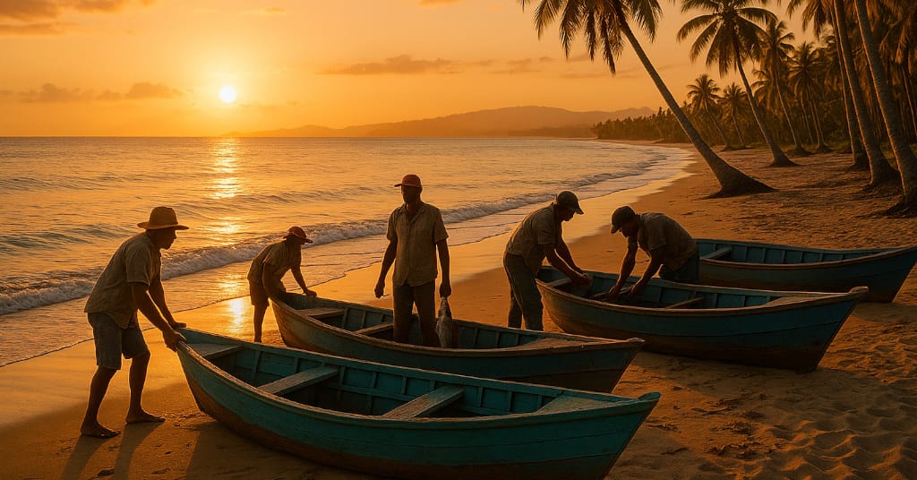 Golden-hour beach scene with local fishermen and palm trees in Samaná Peninsula, Dominican Republic