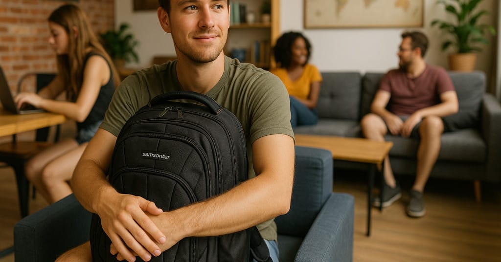Budget traveler using Samsonite Tectonic Backpack in a hostel common area