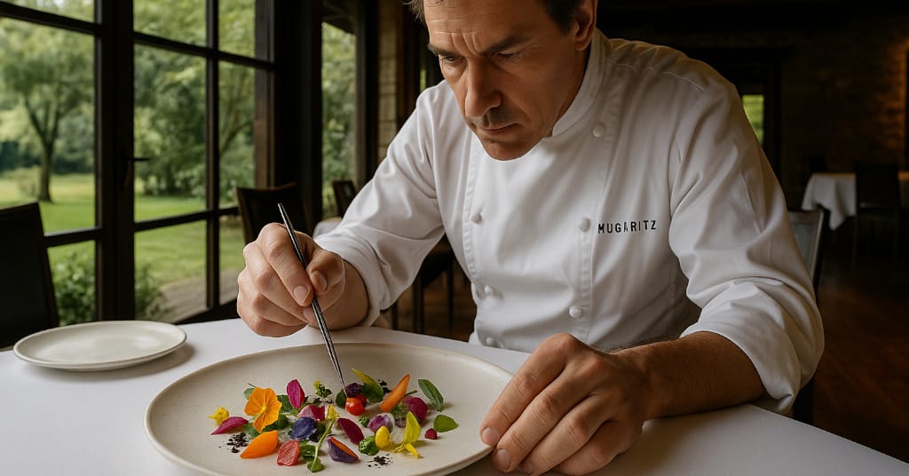 Vibrant dish presentation at Mugaritz with chef plating in San Sebastián
