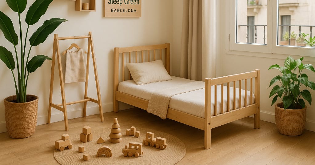 Eco-style room with wooden toys, indoor plants, and child-sized bed at Sleep Green Barcelona