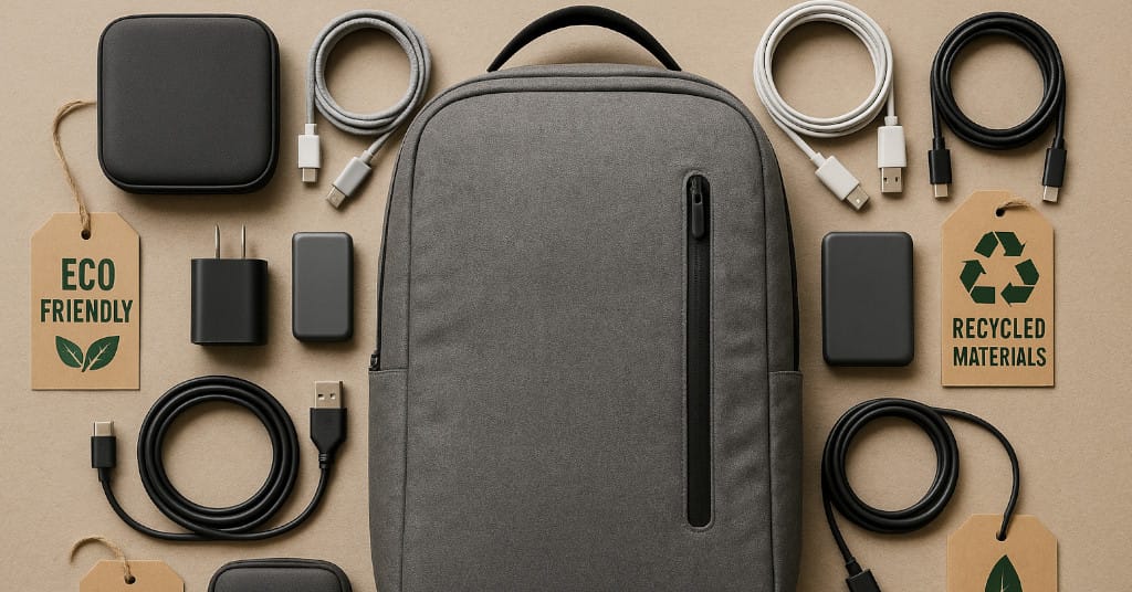 Flat lay of modular tech gear, USB cables, and eco-material labels around modern backpack