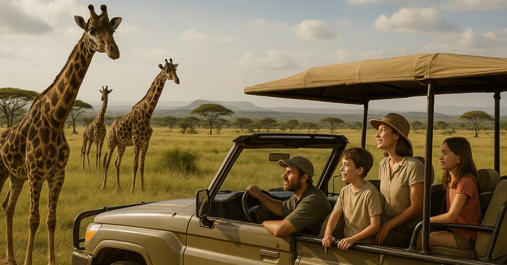 Safari vehicle with family spotting giraffes in open savannah