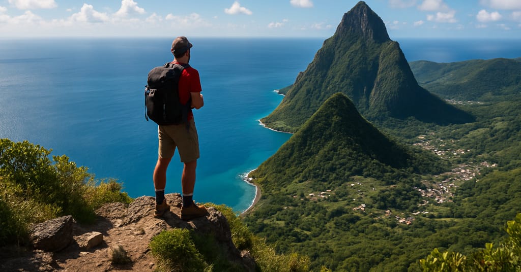 Hiker standing atop Gros Piton with sweeping views of the Caribbean Sea in St. Lucia