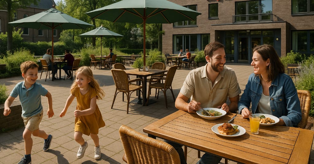 Scenic outdoor café view of parents dining while kids play on terrace at Stayokay Utrecht