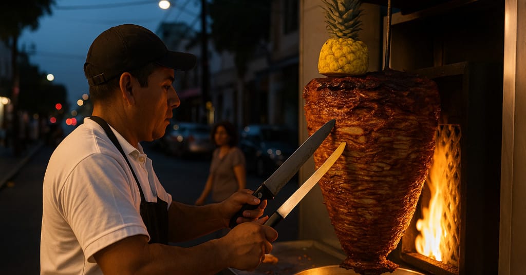 Candid twilight shot of a street vendor slicing tacos al pastor from a vertical spit, with pineapple visible