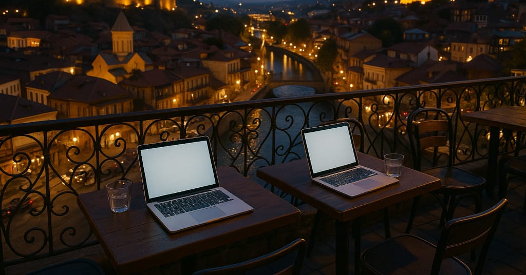 Evening shot of Tbilisi’s old town with laptops on café tables and skyline view