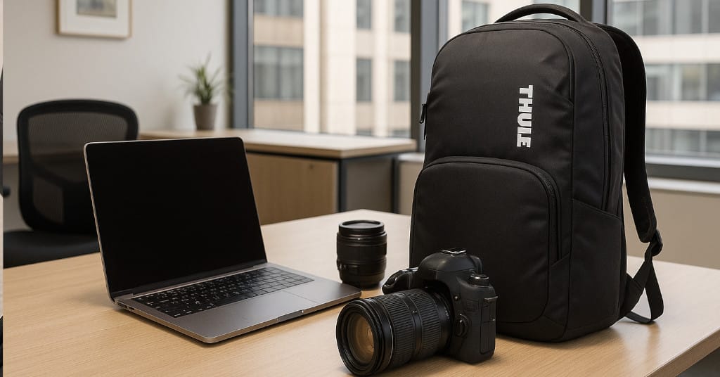 Professional office setting with Thule Subterra Backpack next to laptop and DSLR gear
