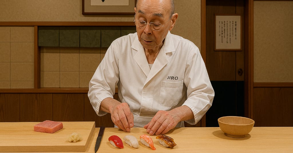 Chef preparing sushi at the counter inside Sukiyabashi Jiro in Tokyo
