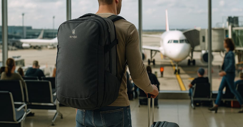 Airport terminal scene with traveler wearing Tortuga Travel Backpack 40L