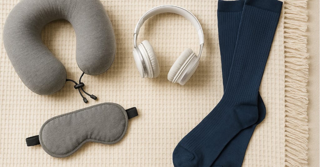 Flat lay of neck pillow, eye mask, headphones, and compression socks on travel blanket