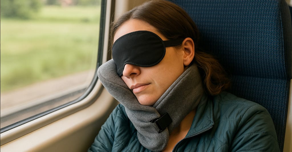 Side sleeper resting on Trtl Pillow Plus during a train ride with an eye mask on