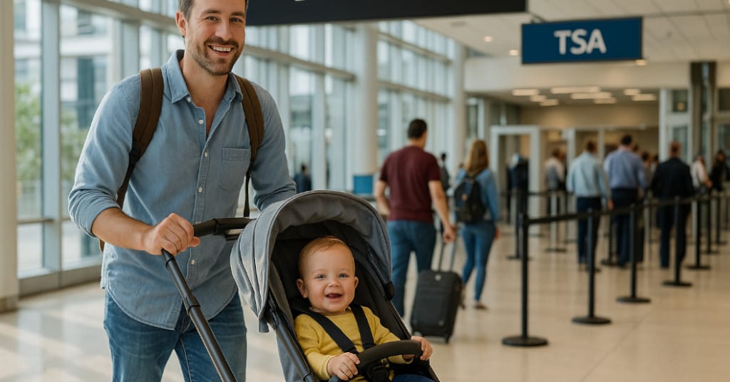 Bright airport departure scene of a smiling parent pushing a lightweight stroller near TSA checkpoint