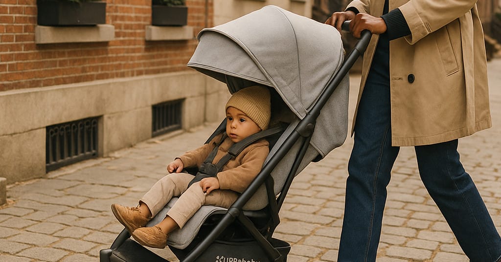 Stylish street view of a parent using the UPPAbaby MINU V2 on a cobblestone sidewalk, canopy extended