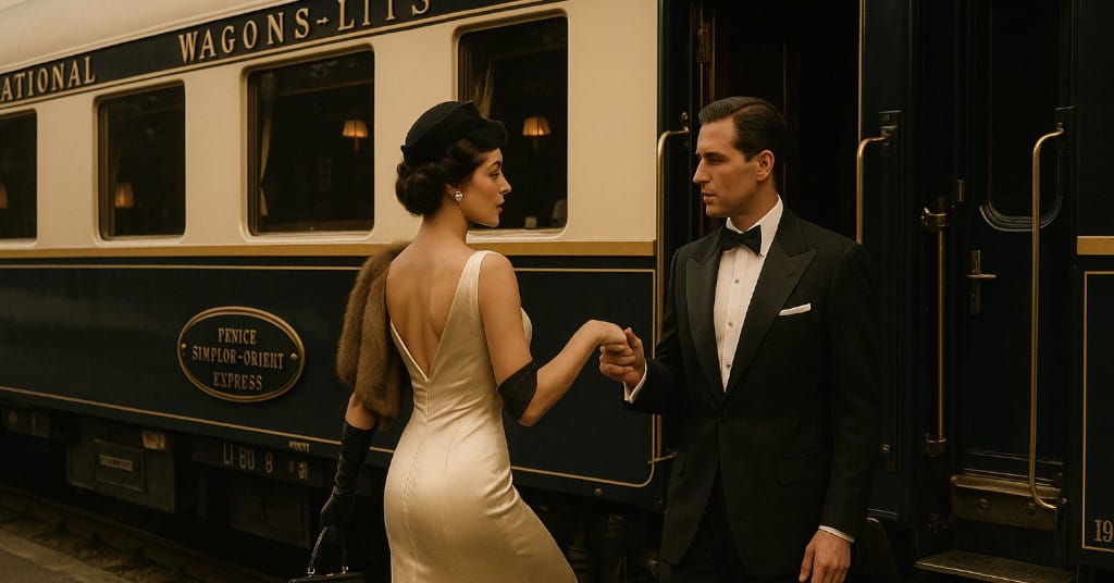Vintage-glamour photo of couple boarding the Venice Simplon-Orient-Express in formal attire