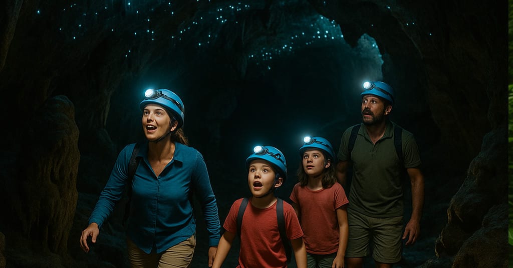 Dynamic cave adventure with family in glowworm-lit cavern