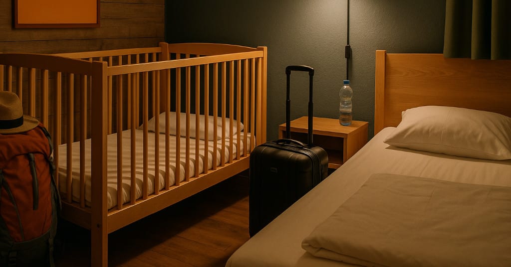 Cozy nighttime interior of Wombat’s City Hostel Vienna with a crib and travel gear in vie